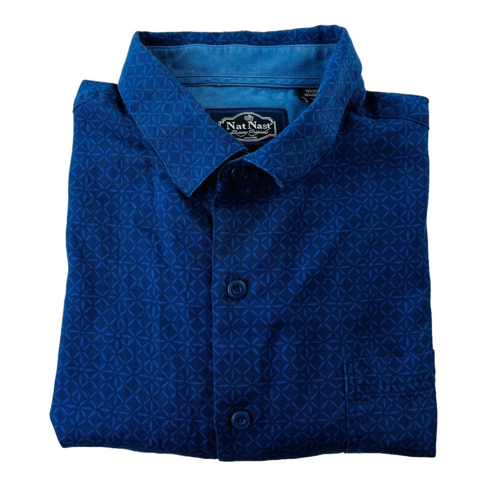 Nat Nast Blue Geometric Pattern Short‎ Sleeve Silk Cotton Button Up Size Large L